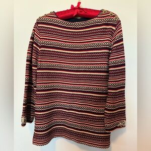 St. John sweater, Striped Red Blue Cream/gold. Sz P. Gold sparkles throughout.